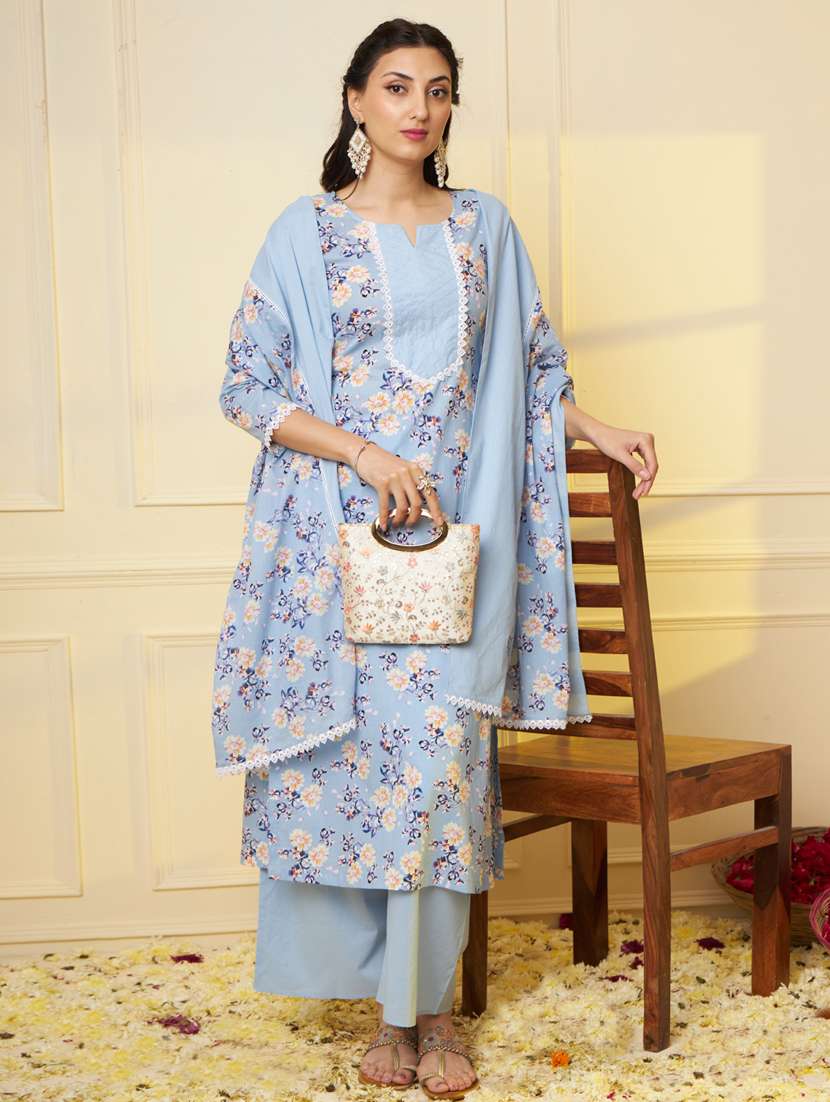 women three quarter sleeve kurta pant with dupatta set
