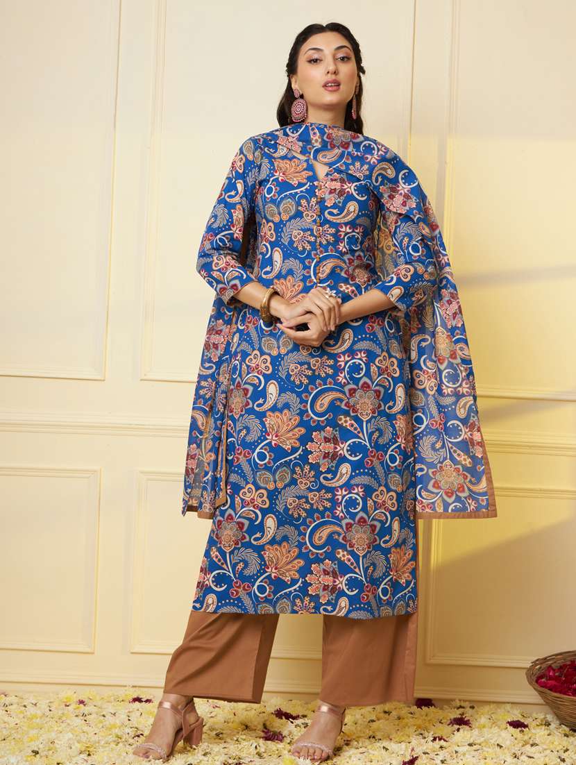 women blue notch neck kurta palazzo set with dupatta
