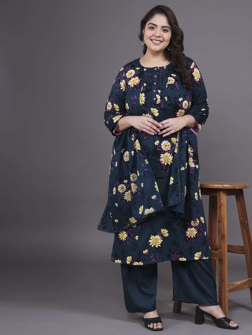 women three quarter sleeve kurta palazzo with dupatta set