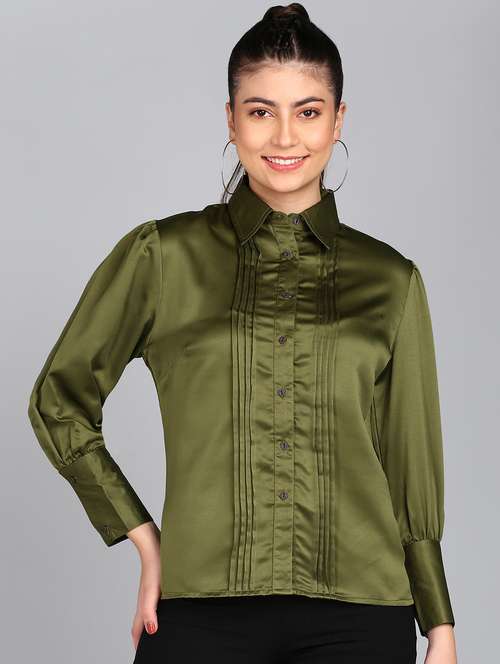 olive solid puff sleeves regular shirt - 20487201 - Standard Image - 0