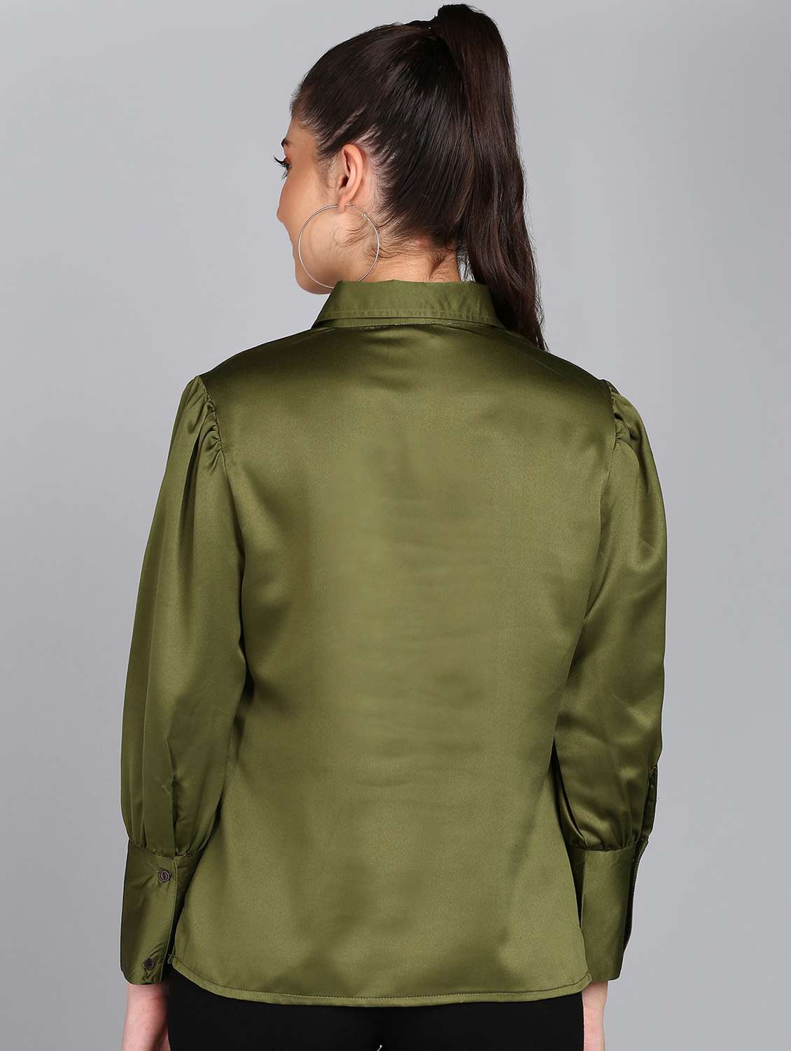 olive solid puff sleeves regular shirt - 20487201 - Standard Image - 2