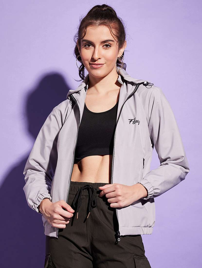 women grey polyester windcheater jacket