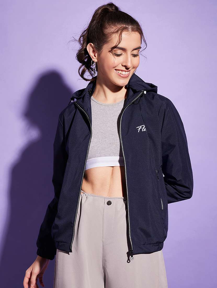 women navy blue polyester windcheater jacket