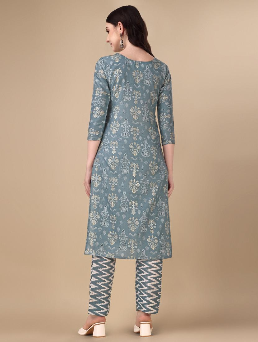 grey three quarter sleeve kurta pant set - 20487775 - Standard Image - 2