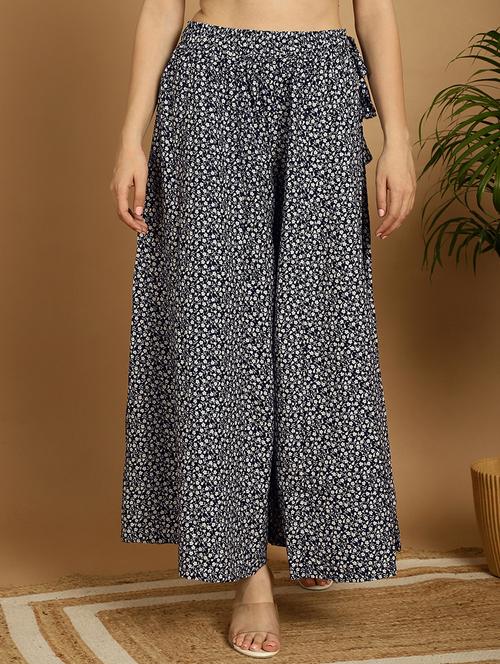 women navy blue flared floral palazzo - 20488604 - Standard Image - 0