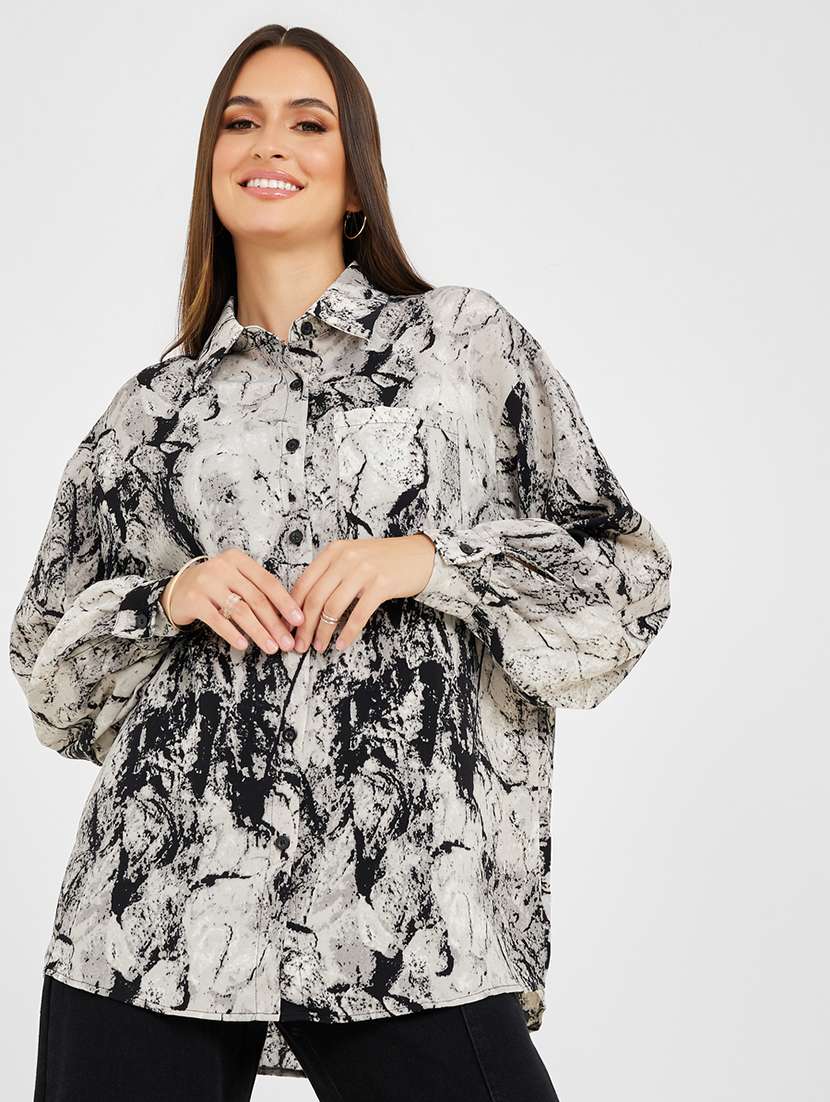 women grey abstract printed oversized shirt
