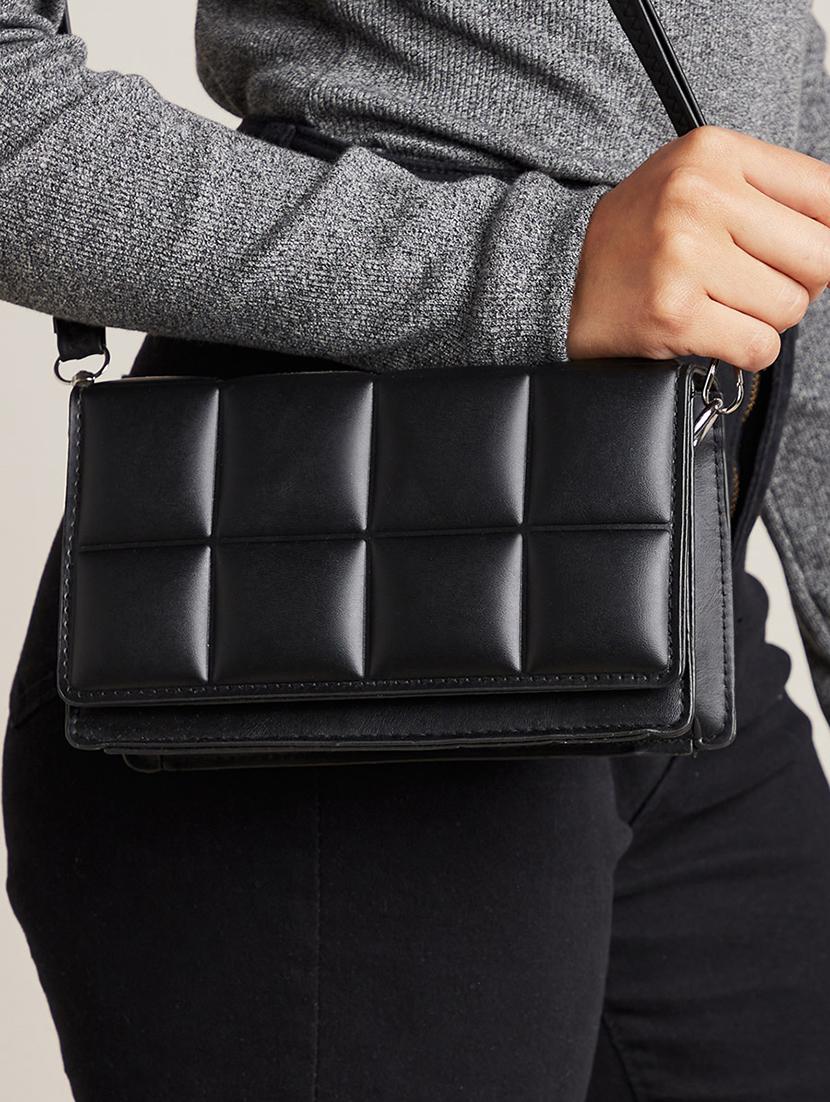 black leatherette textured sling bag - 20489844 - Standard Image - 2