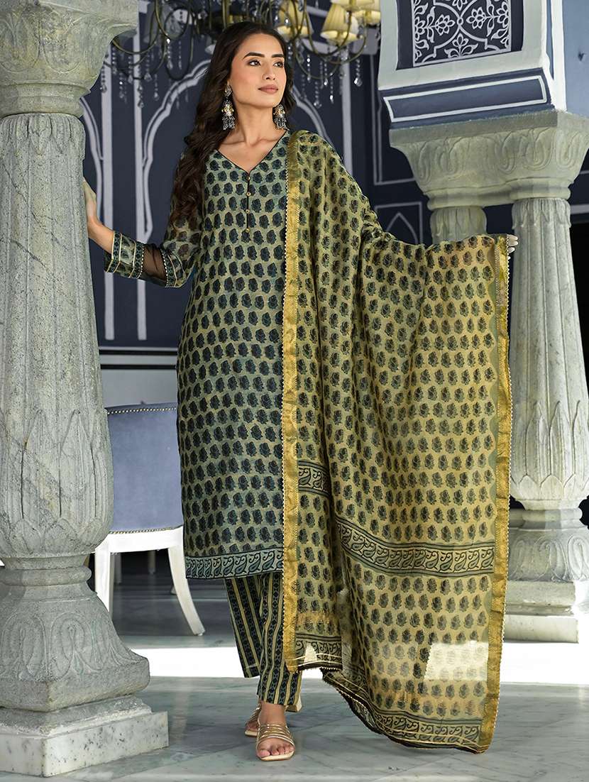 women green long sleeve kurta pant with dupatta set