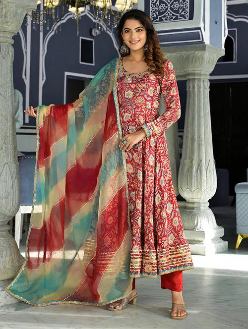 women red long sleeve anarkali kurta pant with dupatta set - 20490927 -  Standard Image - 0