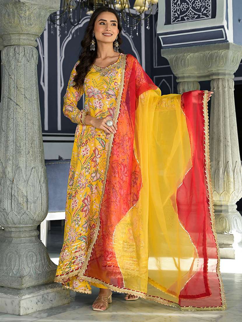 women yellow long sleeve kurta pant with dupatta set