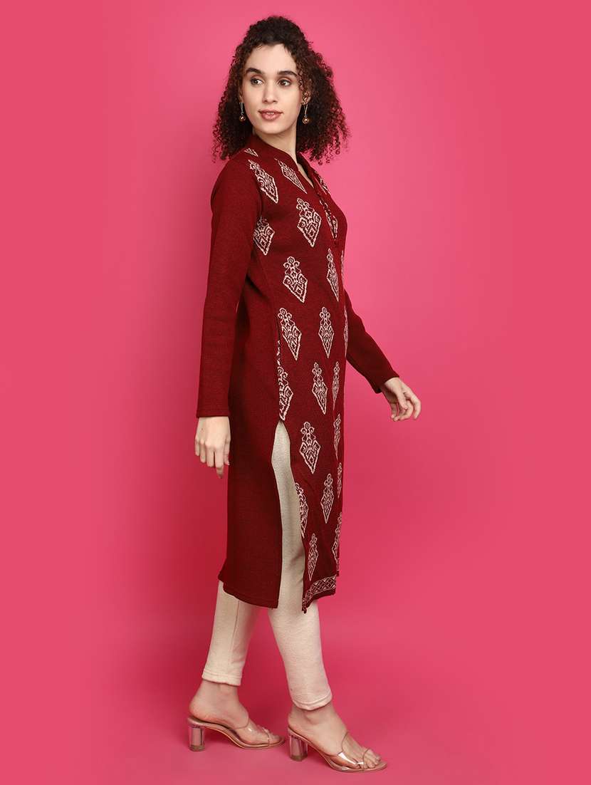 women maroon self design woolen kurta - 20491480 -  Standard Image - 2