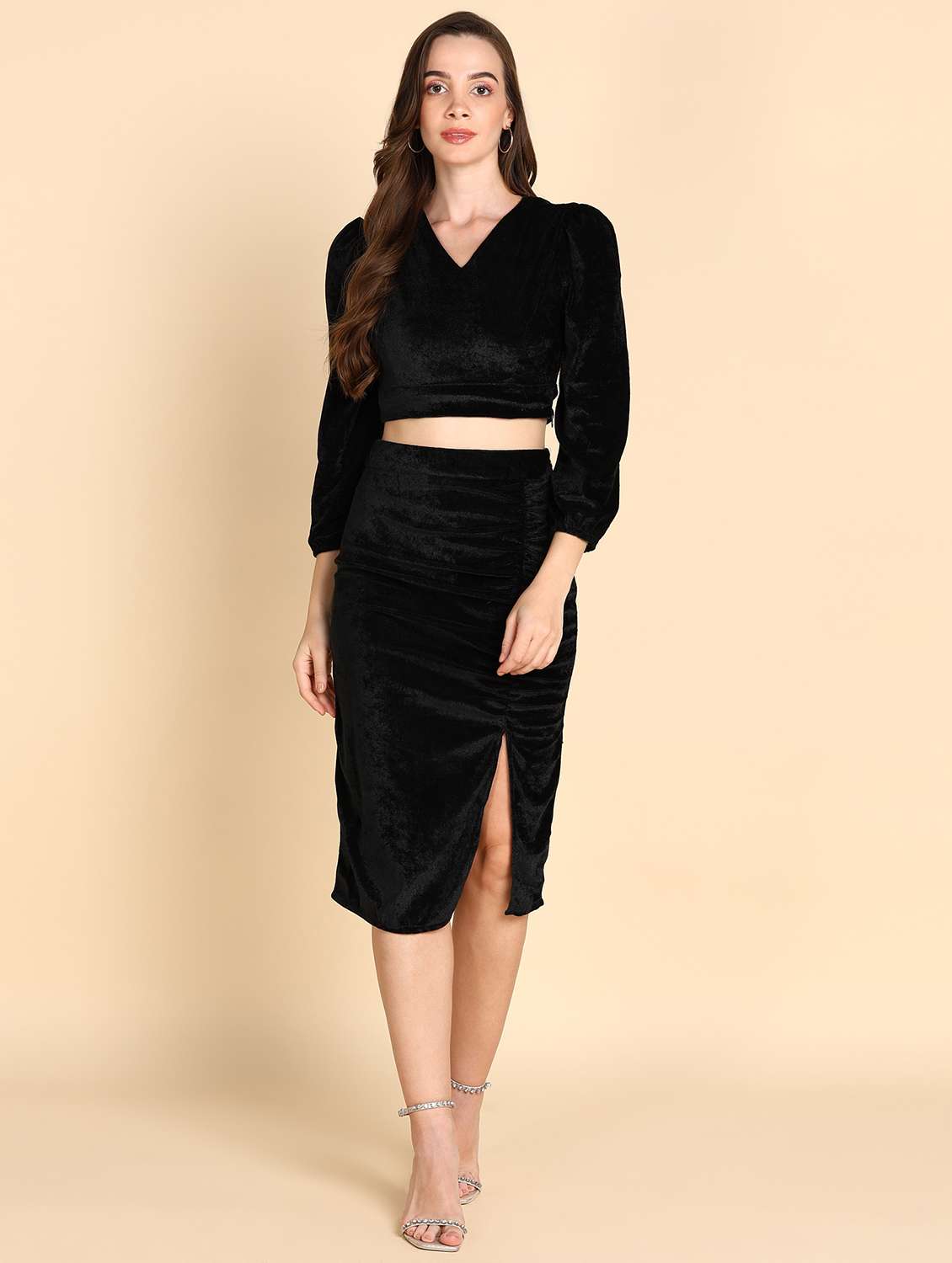 women black solids v neck top & skirt set co-ords