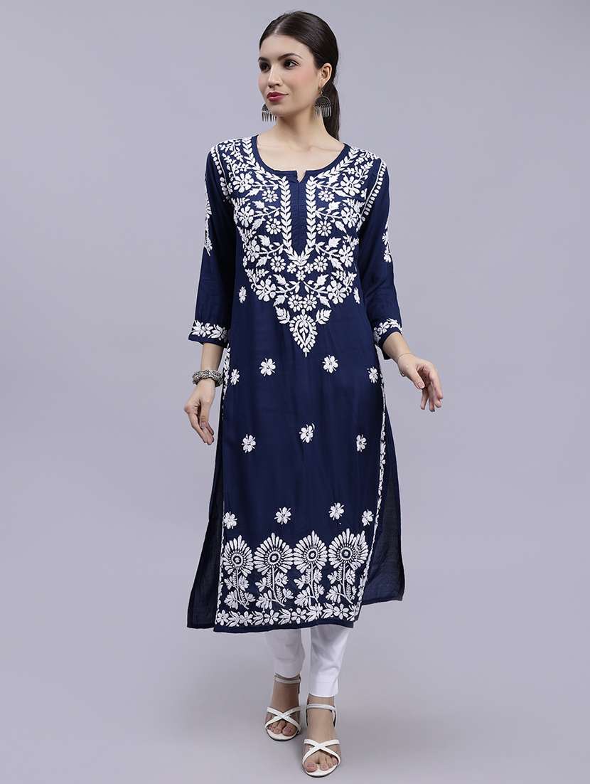 navy blue three quarter sleeve chikankari kurta