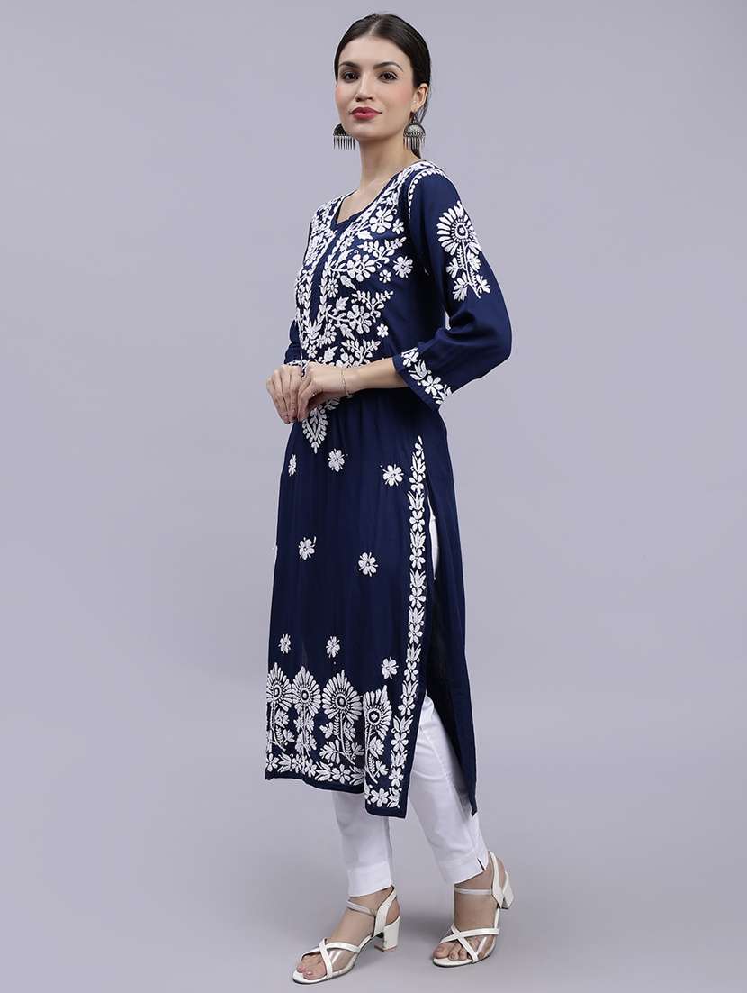 navy blue three quarter sleeve chikankari kurta - 20494980 -  Standard Image - 2