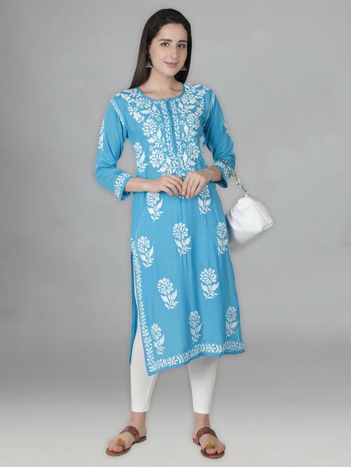 blue three quarter sleeve chikankari kurta - 20494981 - Standard Image - 0