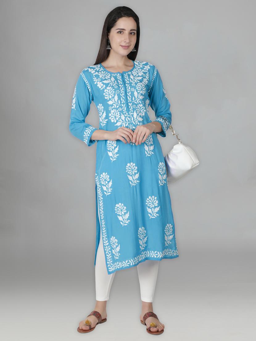 blue three quarter sleeve chikankari kurta - 20494981 - Zoom Image - 0