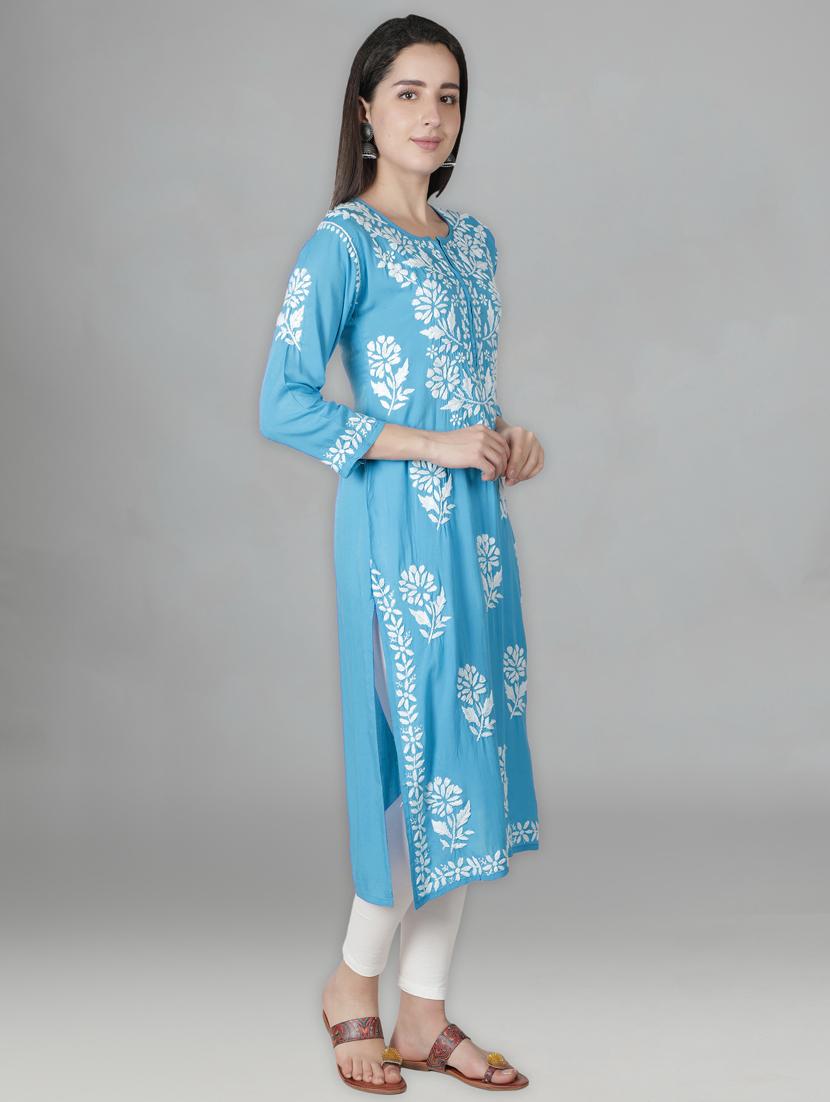 blue three quarter sleeve chikankari kurta - 20494981 - Standard Image - 2