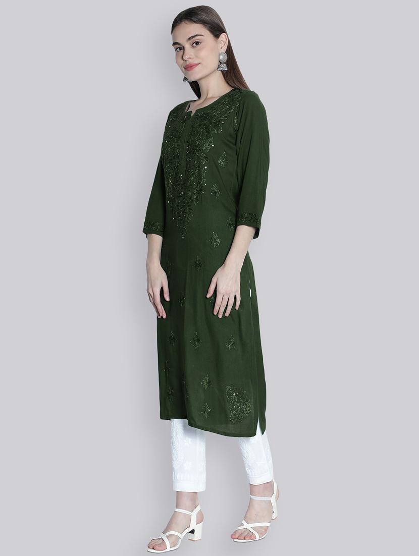 green three quarter sleeve chikankari kurta - 20494986 - Standard Image - 2