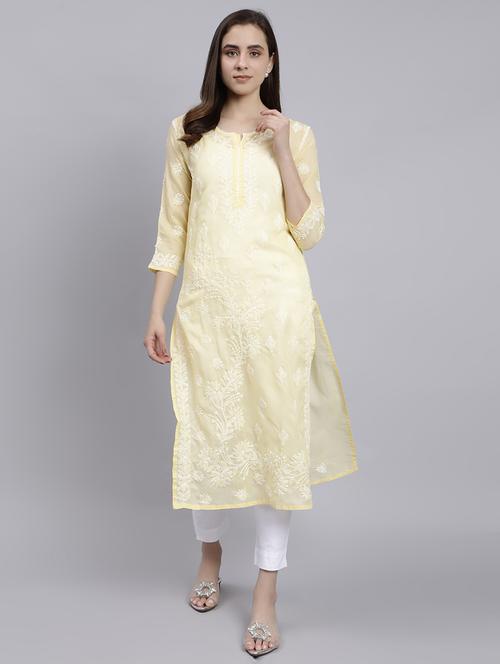 yellow three quarter sleeve chikankari kurta - 20494989 - Standard Image - 0