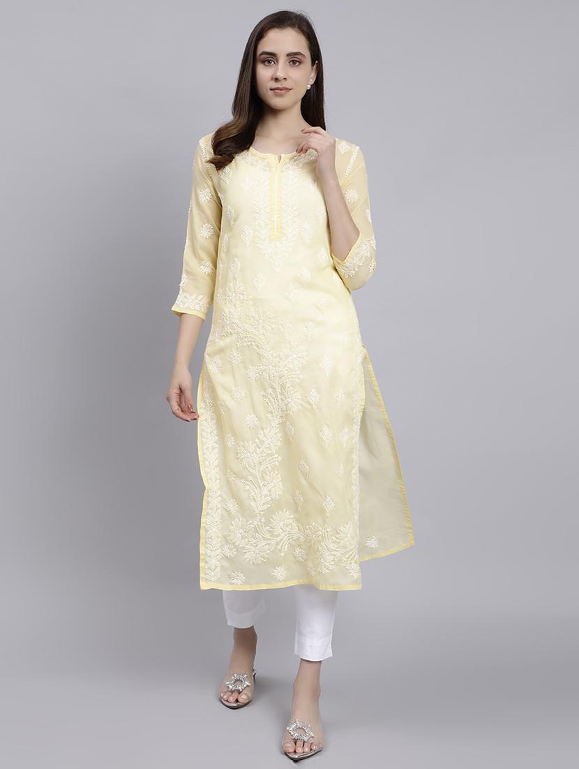 yellow three quarter sleeve chikankari kurta - 20494989 - Zoom Image - 0