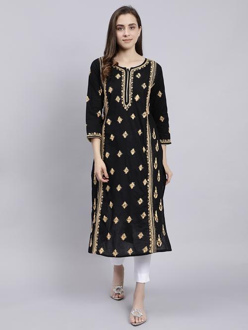 black three quarter sleeve chikankari kurta - 20494995 -  Standard Image - 0