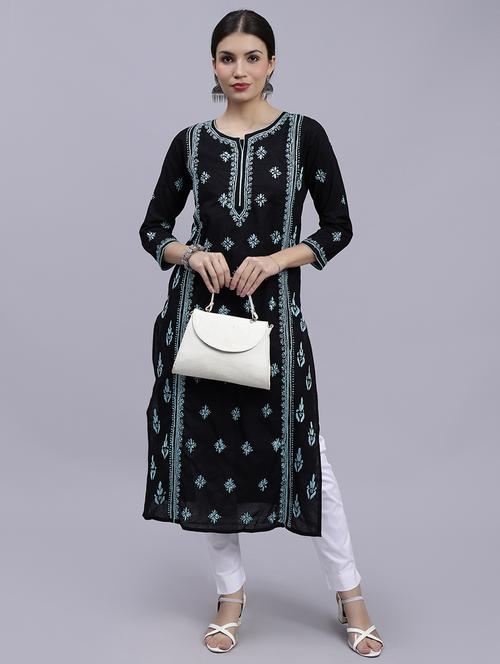 black three quarter sleeve chikankari kurta - 20494997 -  Standard Image - 0