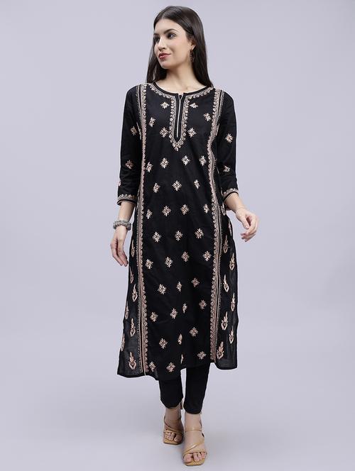 black three quarter sleeve chikankari kurta - 20494998 -  Standard Image - 0