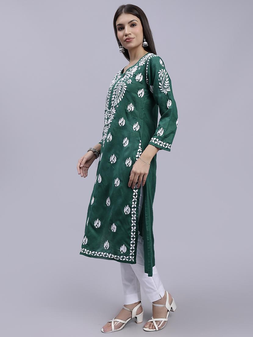 bottle green long sleeve chikankari kurta - 20495017 - Standard Image - 2