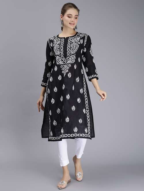 black long sleeve chikankari kurta - 20495018 - Standard Image - 0