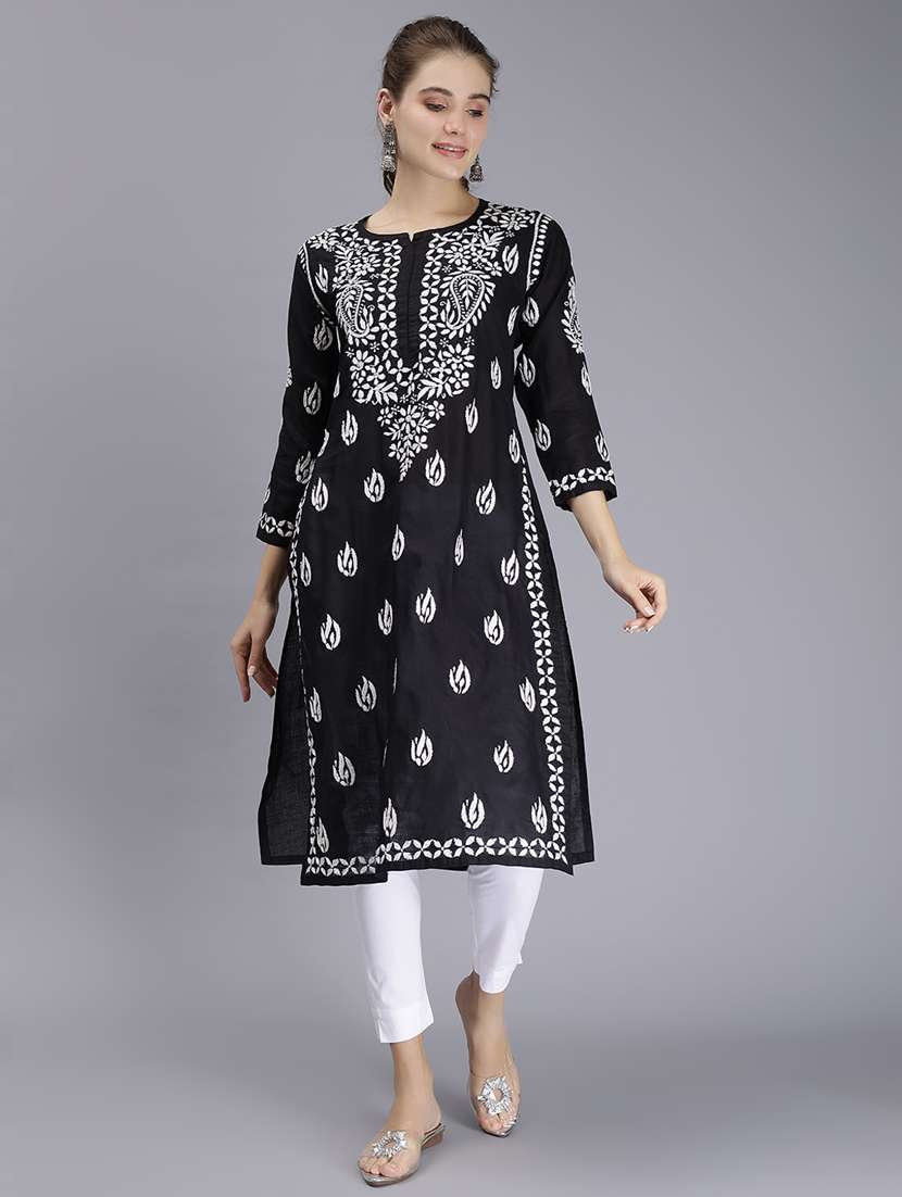 black long sleeve chikankari kurta - 20495018 - Zoom Image - 0