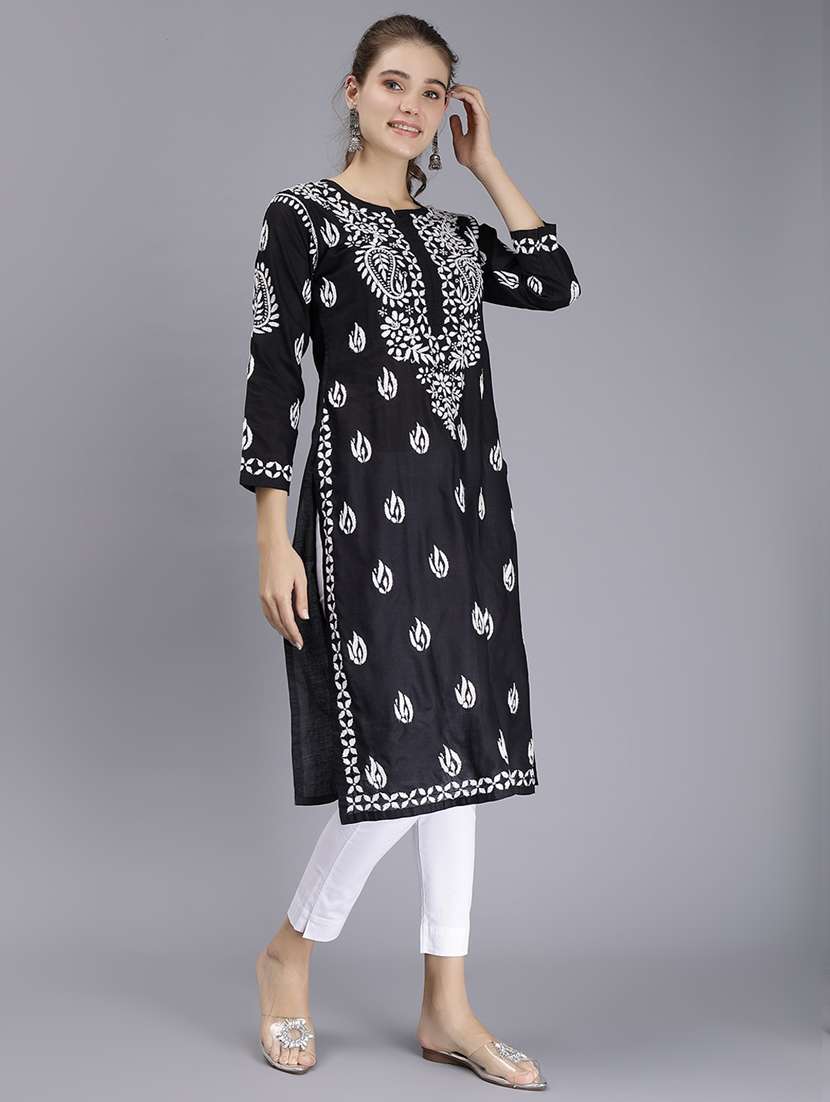 black long sleeve chikankari kurta - 20495018 - Standard Image - 2