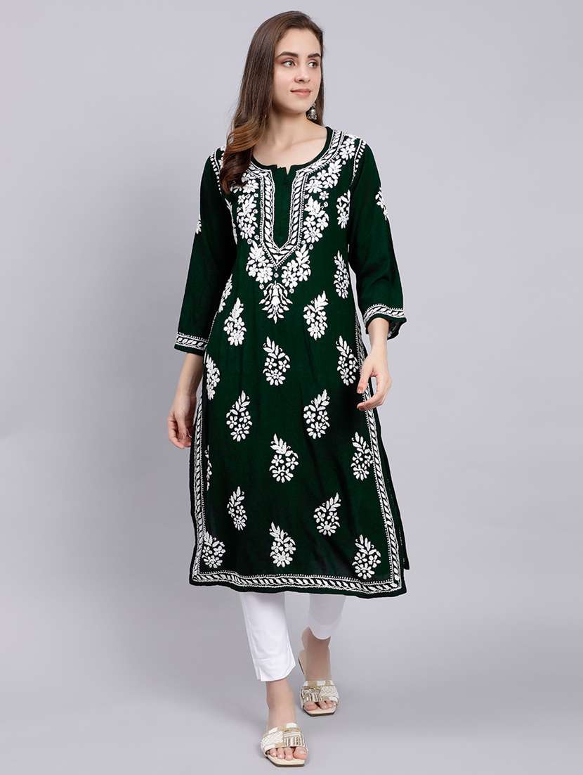 green long sleeve chikankari kurta - 20495019 - Zoom Image - 0
