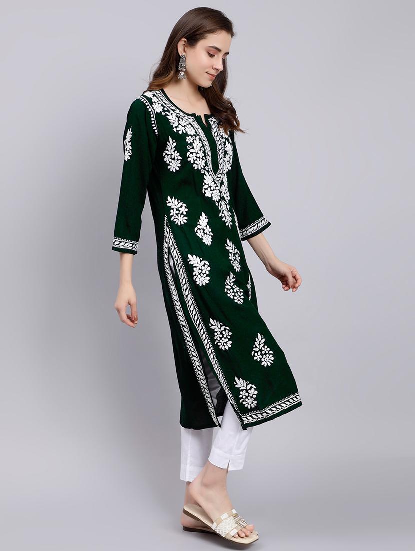 green long sleeve chikankari kurta - 20495019 - Standard Image - 2