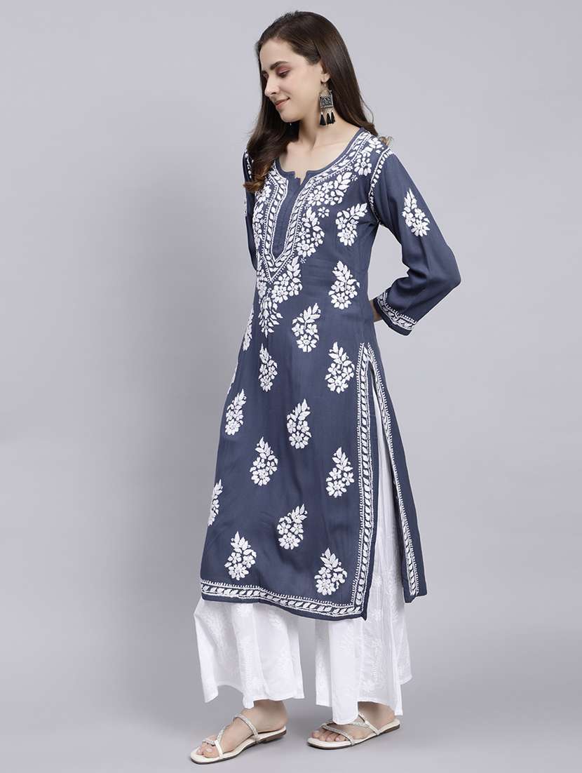 grey long sleeve chikankari kurta - 20495020 - Standard Image - 2