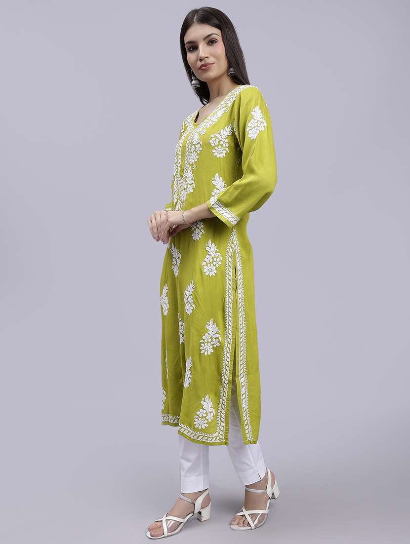 lime long sleeve chikankari kurta - 20495021 -  Standard Image - 2