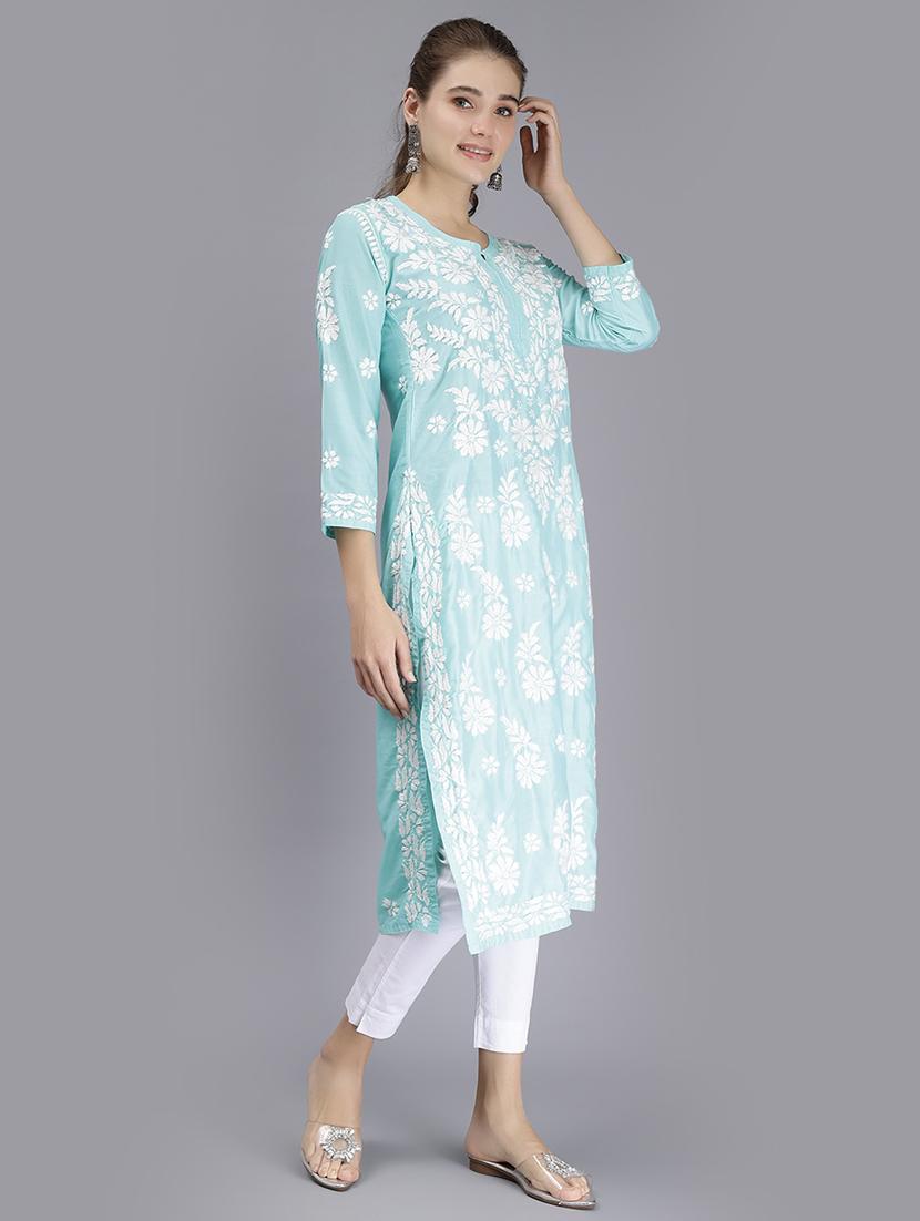 light blue three quarter sleeve chikankari kurta - 20495022 - Standard Image - 2