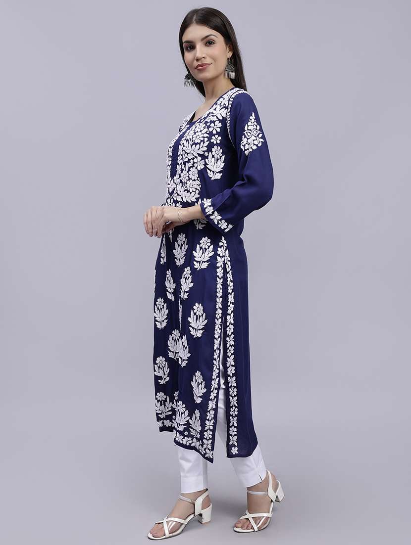 navy blue long sleeve chikankari kurta - 20495024 - Standard Image - 2