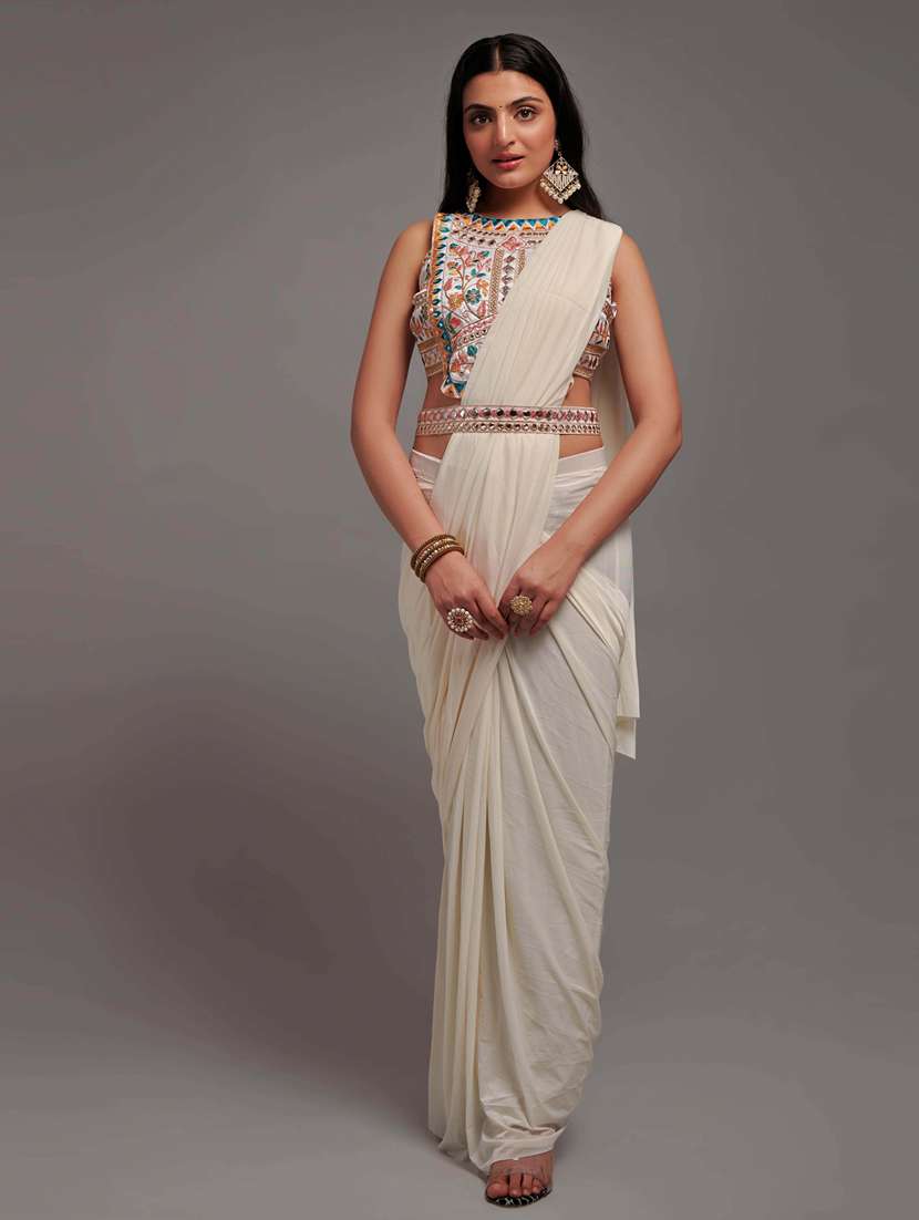 women's solid off white colored saree with blouse