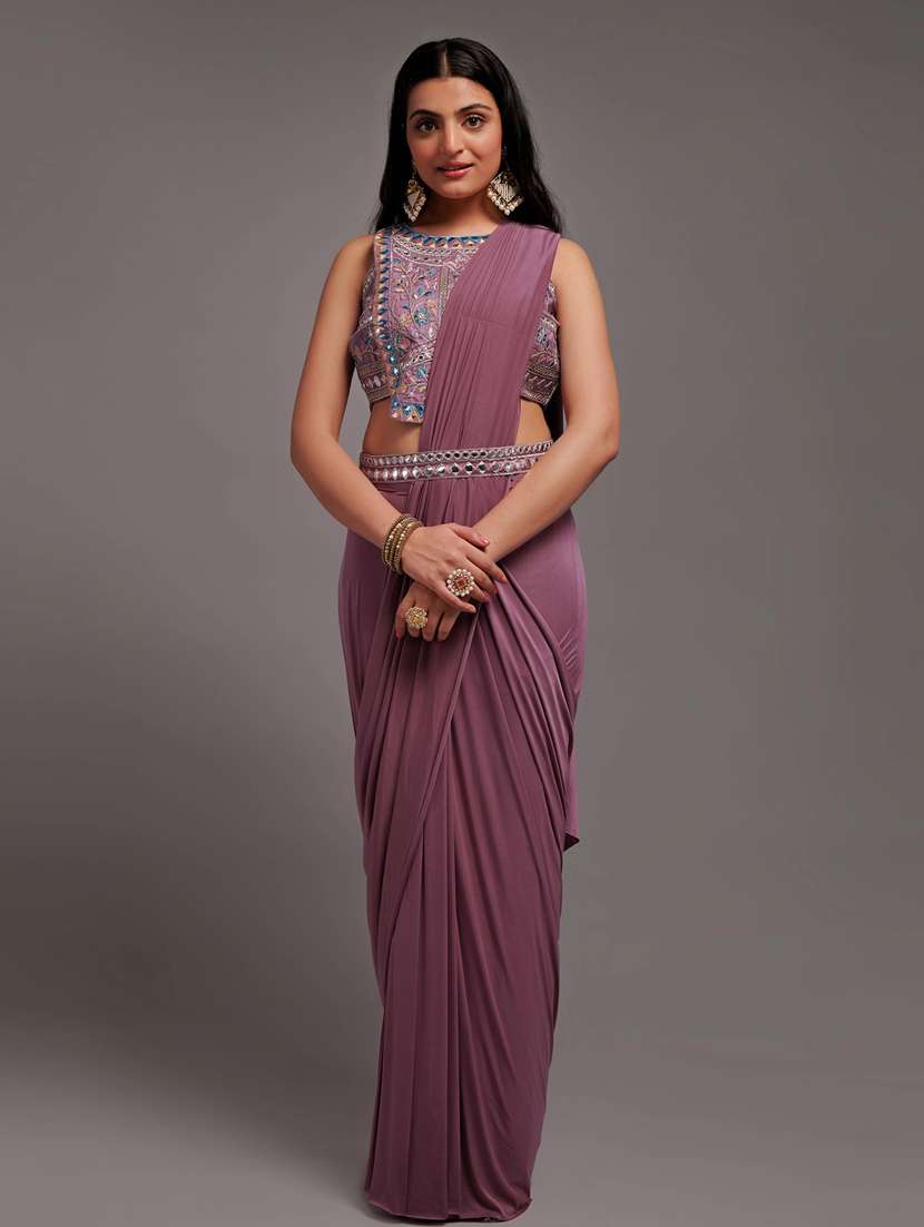 women's solid mauve colored saree with blouse