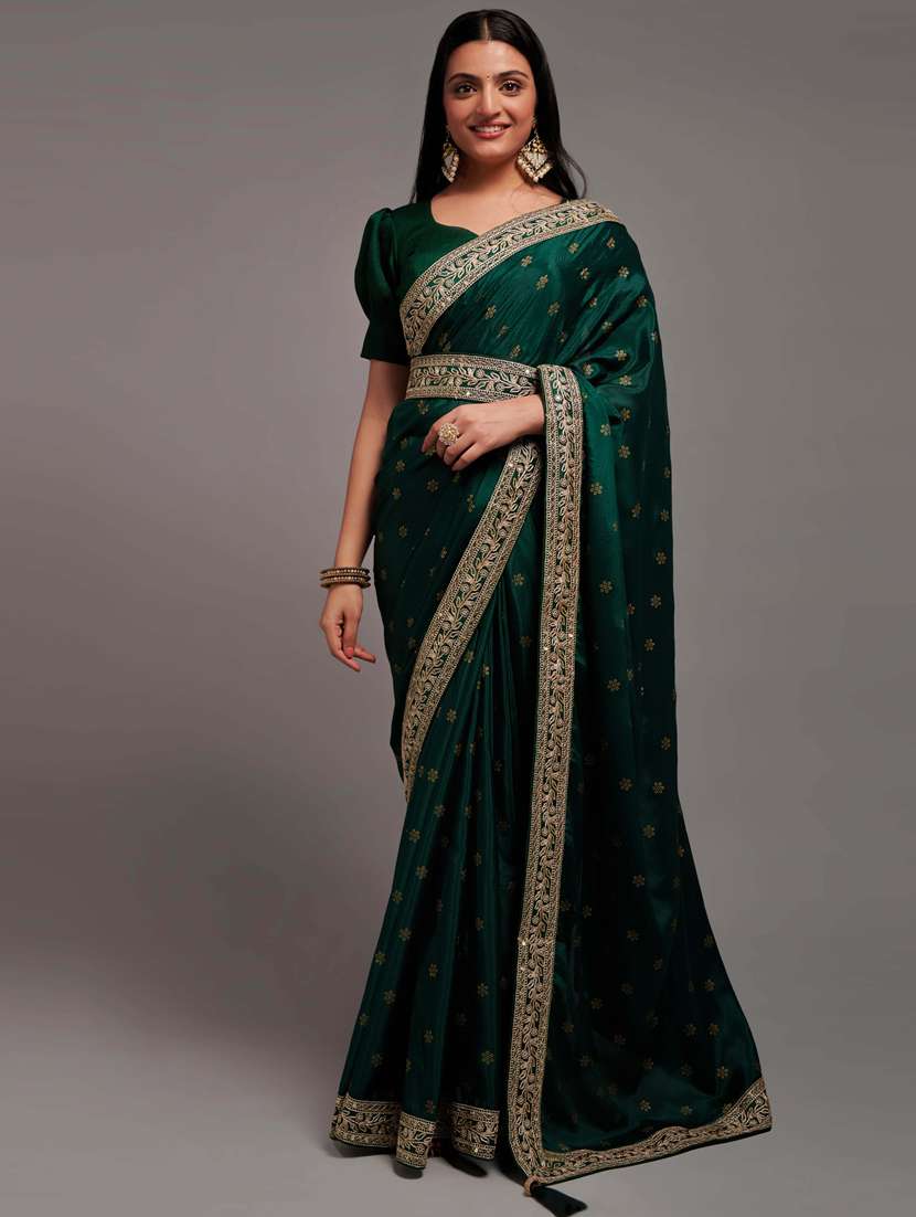 women's self design bottle green colored saree with blouse