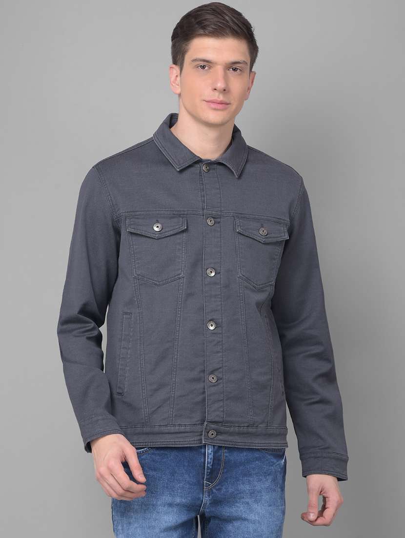 men solid grey denim jacket