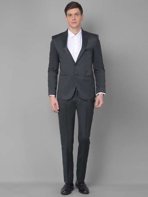 men solid grey polyester 2-piece slim fit suit - 20497269 - Standard Image - 0
