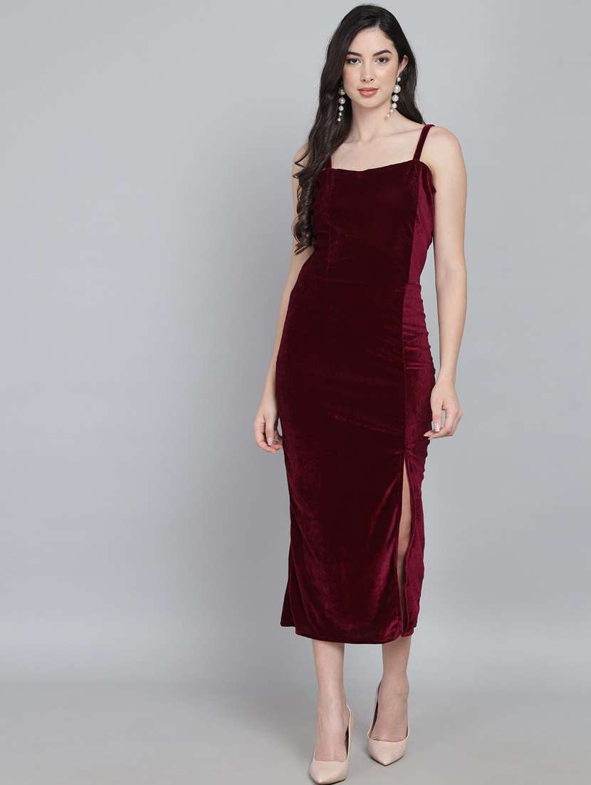 maroon solid high slit dress