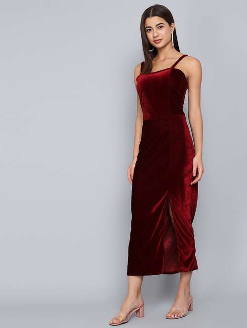 maroon solid high slit dress - 20497710 -  Standard Image - 0