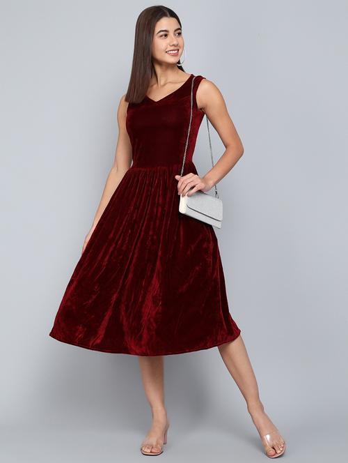 maroon solid fit & flare dress - 20497715 - Standard Image - 0