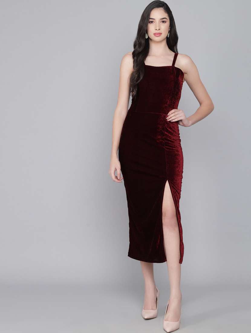 maroon solid high slit dress