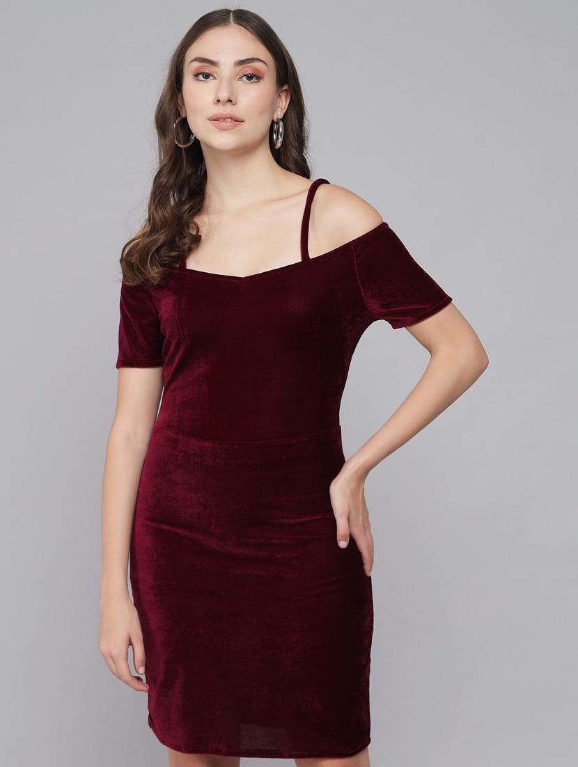 maroon solid off shoulder bodycon dress - 20497745 -  Zoom Image - 0