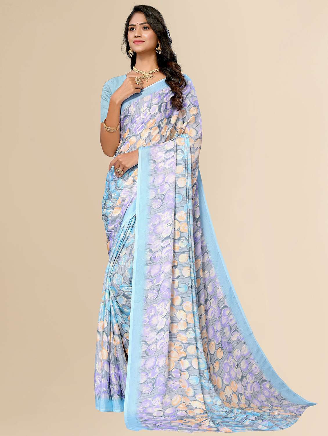 women light blue geometric printed saree with blouse