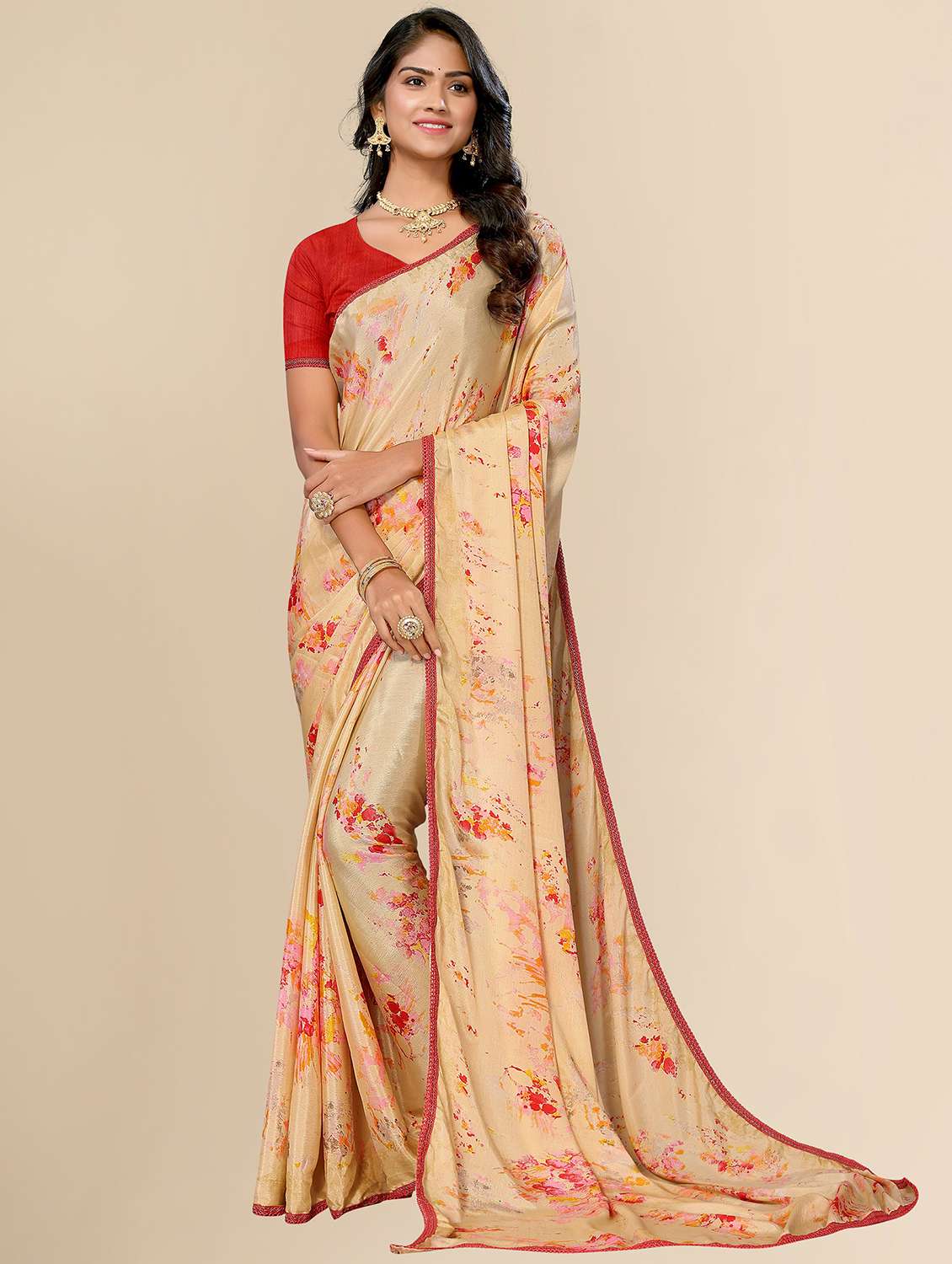 women beige printed lace work saree with blouse