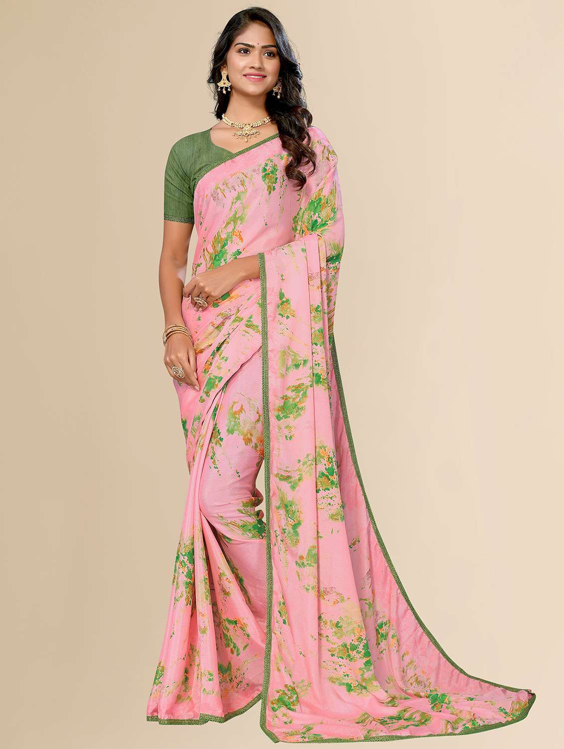 women pink printed lace work saree with blouse